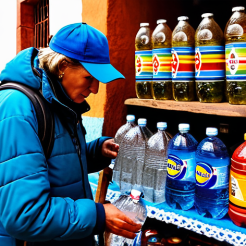 Home 11 Safe Hydration in Cusco**
"A Swedish tourist, fully clothed in hiking attire, carefully buying bottled water from a small shop in Cusco, Peru. Background: Colorful Andean textiles and local vendors. Safe drinking water emphasized. Natural lighting. High quality photo, safe for work."
**