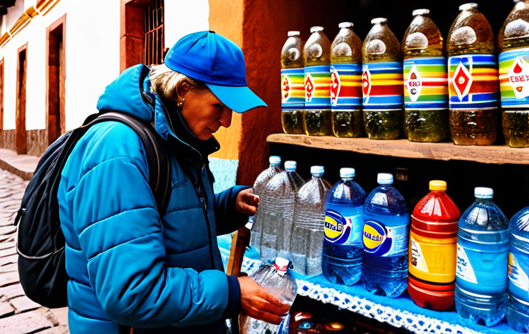 Safe Hydration in Cusco**

"A Swedish tourist, fully clothed in hiking attire, carefully buying bottled water from a small shop in Cusco, Peru. Background: Colorful Andean textiles and local vendors. Safe drinking water emphasized. Natural lighting. High quality photo, safe for work."

**