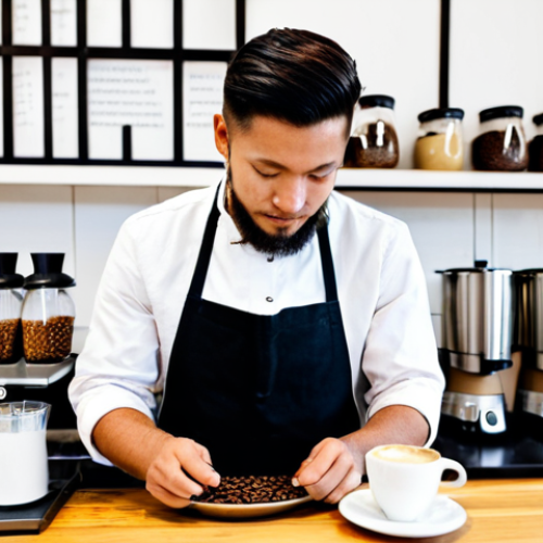 Home 6 **
A professional barista, fully clothed in a modest, clean apron and shirt, carefully performing a pour-over coffee brewing method in a bright, modern Scandinavian-style coffee shop. Displaying a variety of Peruvian coffee beans in jars behind them, with customers enjoying coffee at tables. Safe for work, appropriate content, perfect anatomy, natural pose, well-formed hands, proper finger count, natural body proportions, professional setting, high quality image, family-friendly.
**