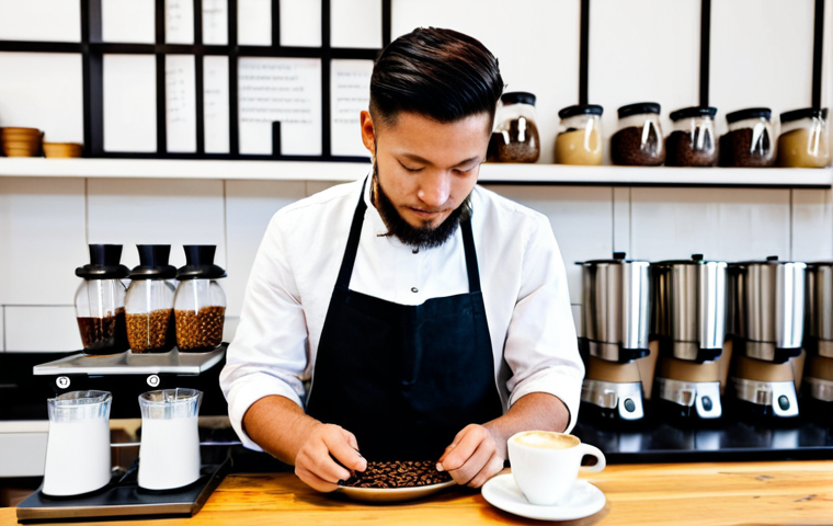 **

A professional barista, fully clothed in a modest, clean apron and shirt, carefully performing a pour-over coffee brewing method in a bright, modern Scandinavian-style coffee shop. Displaying a variety of Peruvian coffee beans in jars behind them, with customers enjoying coffee at tables. Safe for work, appropriate content, perfect anatomy, natural pose, well-formed hands, proper finger count, natural body proportions, professional setting, high quality image, family-friendly.

**